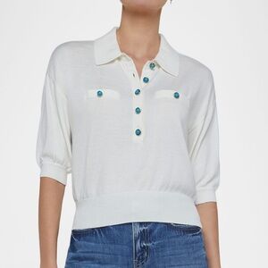 L'Agence Misaki White Polo Sweater with Turquoise Buttons NWT